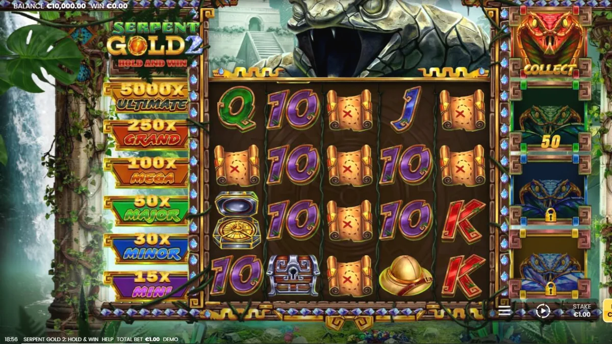 Interface do jogo Serpent Gold 2: Hold and Win com tema de selva e serpentes